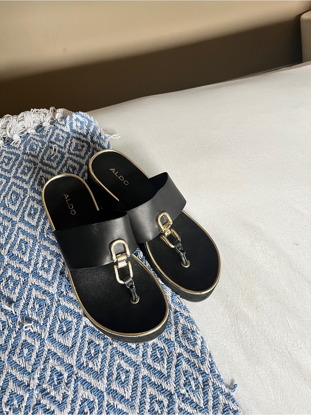 Aldo Black Slide Mules with Gold Accent Hardware